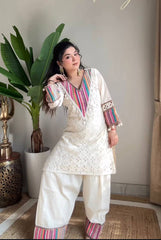 Trendy White Khadi Cotton Thread Work Co-ord Set