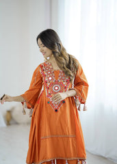 Amazing Orange Khadi Cotton Work Co-ord Set