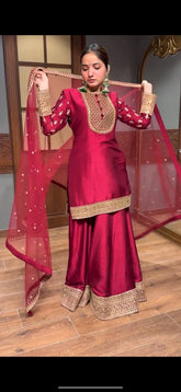 Trendy Red Silk With Sequence Work Sharara Suit