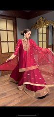 Trendy Red Silk With Sequence Work Sharara Suit