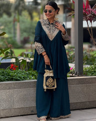 Lovely Blue Chinon Embroidery Palazzo Suit