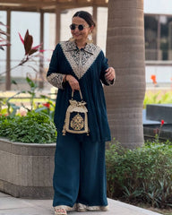 Lovely Blue Chinon Embroidery Palazzo Suit