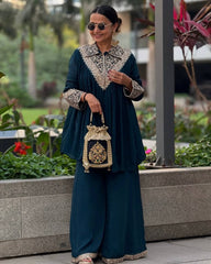 Lovely Blue Chinon Embroidery Palazzo Suit