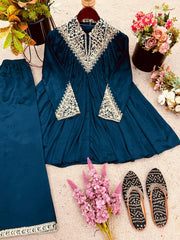 Lovely Blue Chinon Embroidery Palazzo Suit