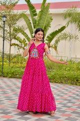 Pink Georgette Embroidery Work Gown For Navratri Wear