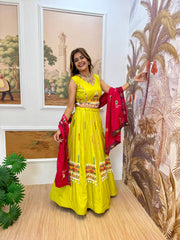 Navratri Wear Yellow Rayon Embroidery Work Lehenga Choli