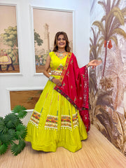 Navratri Wear Yellow Rayon Embroidery Work Lehenga Choli
