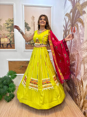 Navratri Wear Yellow Rayon Embroidery Work Lehenga Choli