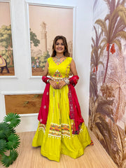 Navratri Wear Yellow Rayon Embroidery Work Lehenga Choli