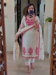 Exotic White Cotton Silk Work Palazzo Suit
