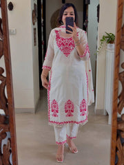 Exotic White Cotton Silk Work Palazzo Suit