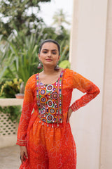 Navratri Wear Orange Bandhni Work Palazzo Suit