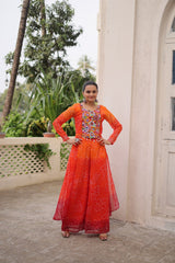 Navratri Wear Orange Bandhni Work Palazzo Suit
