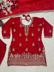 Ravishing Red Chinon Silk Sequence Work Sharara Suit