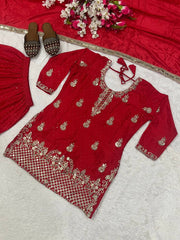 Ravishing Red Chinon Silk Sequence Work Sharara Suit