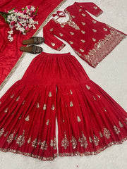 Ravishing Red Chinon Silk Sequence Work Sharara Suit