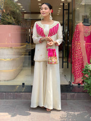 Pretty White Silk with Embroidery Work Co-ord Set