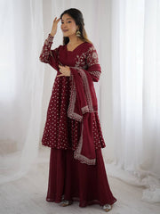 Lovely Maroon Crunchy Silk Embroidery Work Sharara Suit