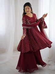 Lovely Maroon Crunchy Silk Embroidery Work Sharara Suit