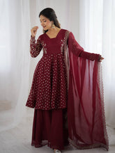 Lovely Maroon Crunchy Silk Embroidery Work Sharara Suit