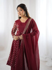 Lovely Maroon Crunchy Silk Embroidery Work Sharara Suit