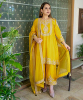 Ravishing Yellow Chinon Silk Work Palazzo Suit