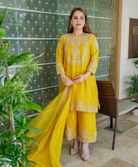 Ravishing Yellow Chinon Silk Work Palazzo Suit