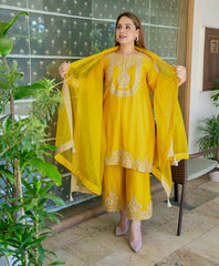 Ravishing Yellow Chinon Silk Work Palazzo Suit