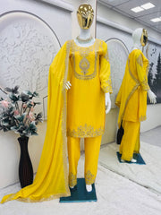 Ravishing Yellow Chinon Silk Work Palazzo Suit