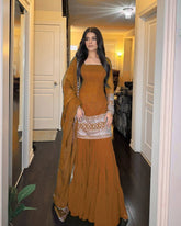 Ravishing Brown Georgette Thread Work Sharara Suit