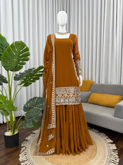 Ravishing Brown Georgette Thread Work Sharara Suit