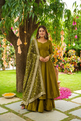 Awesome Green Color Embroidery Work Gown