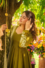 Awesome Green Color Embroidery Work Gown