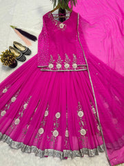Stylish Pink Color Georgette Work Top With Lehenga