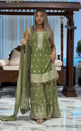 Trendy Olive Green Georgette Sequence Work Palazzo Suit