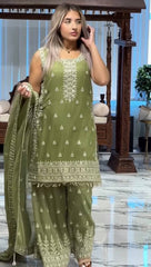 Trendy Olive Green Georgette Sequence Work Palazzo Suit
