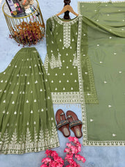 Trendy Olive Green Georgette Sequence Work Palazzo Suit