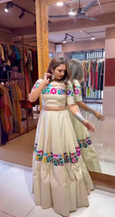 Navratri Wear White Cotton Work Lehenga Choli
