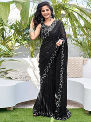 Party Wear Black Georgette Embroidery Work Saree
