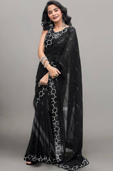 Party Wear Black Georgette Embroidery Work Saree