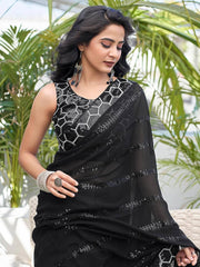 Party Wear Black Georgette Embroidery Work Saree
