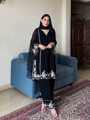 Lovely Black Georgette Embroidery Palazzo Suit