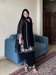 Lovely Black Georgette Embroidery Palazzo Suit