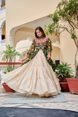 Pretty Mehndi Color Gamthi Work Shrug With Lehenga