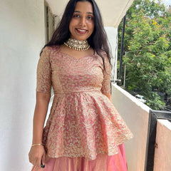 Pretty Peach Color Embroidery Work Top Lehenga