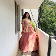 Pretty Peach Color Embroidery Work Top Lehenga