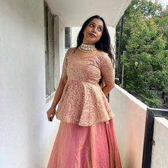 Pretty Peach Color Embroidery Work Top Lehenga