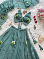Captivating Green Color Handprint Work Lehenga Choli