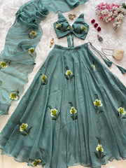 Captivating Green Color Handprint Work Lehenga Choli