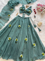 Captivating Green Color Handprint Work Lehenga Choli